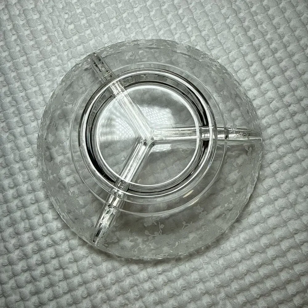 Vtg Cambridge Rose Point Etched Glass Divided Dish/Relish Dish W/ Scalloped Edge